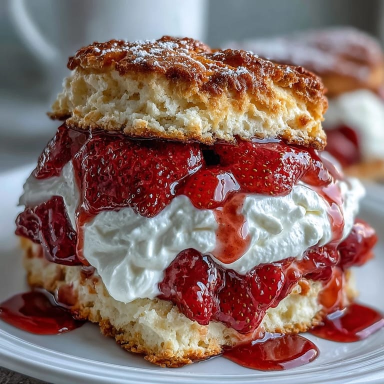 A close-up of classic strawberry shortcake with biscuit layers, showing fresh strawberries glistening atop airy whipped cream and flaky golden biscuits.  