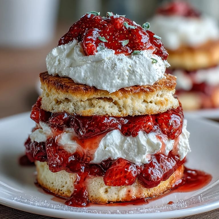 Classic strawberry shortcake with biscuit layers, a timeless American dessert with buttery biscuits, sweet strawberries, and clouds of fresh whipped cream.