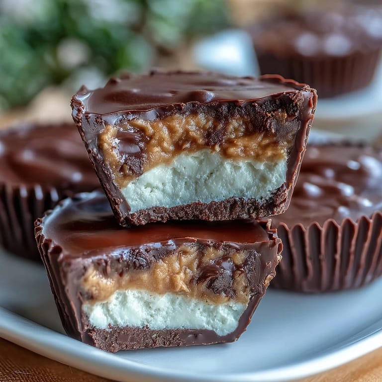 Decadent dark chocolate peanut butter cups with a creamy Greek yogurt center, delivering a high-protein treat for any time of day.