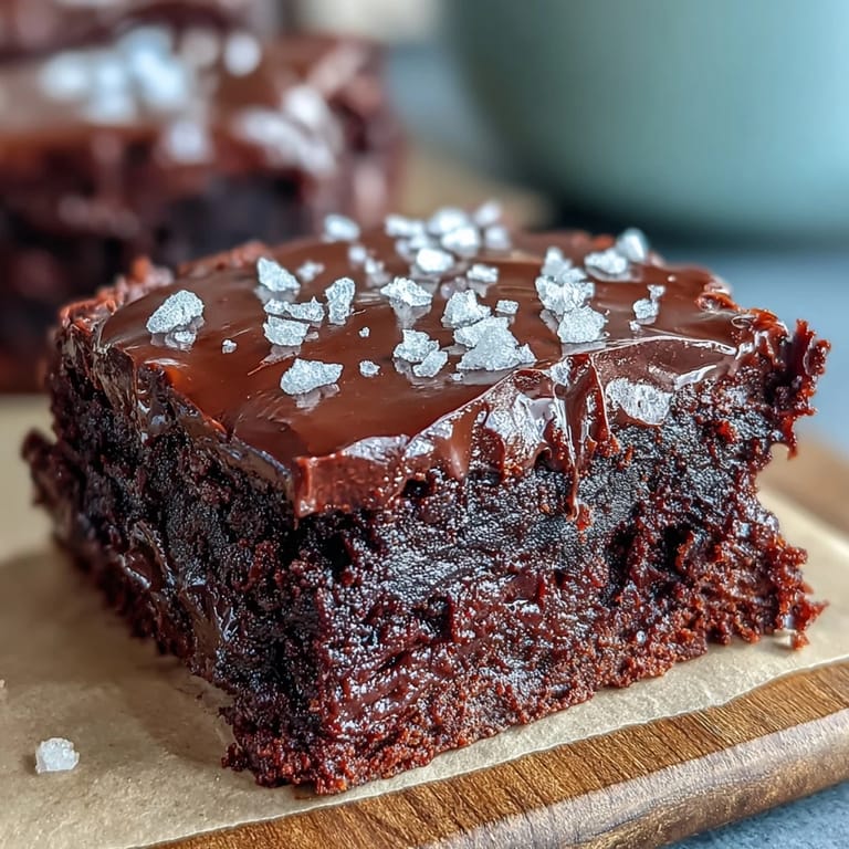 Dark chocolate and sourdough brownies topped with flaky sea salt, offering a perfect balance of sweet and salty in every bite.  