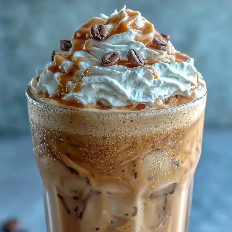 Blended coffee drink featuring real vanilla bean, served over ice with a generous swirl of dairy-free coconut cream.
