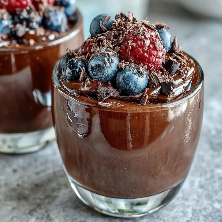 Creamy, rich chocolate mousse made with cottage cheese for a protein-packed, guilt-free dessert in elegant glasses.
