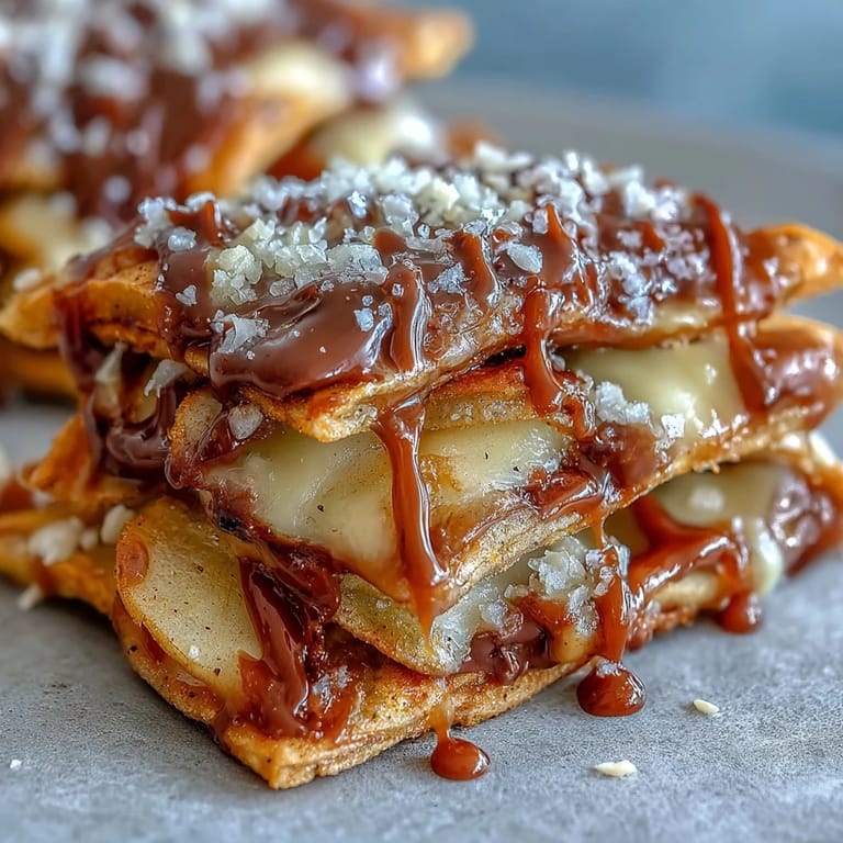 Crispy apple slices layered with rich caramel sauce, mini chocolate chips, and crunchy nuts, creating a playful dessert perfect for sharing.