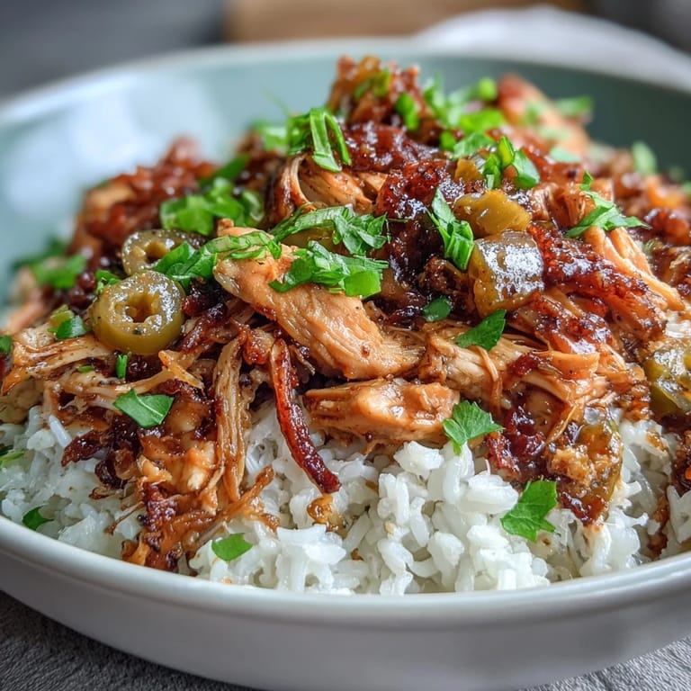 Savory Mississippi Chicken Rice Bowls featuring slow-cooked chicken, buttery au jus, and vibrant pepperoncini served on steamed rice.
