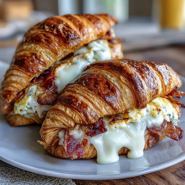 Flaky, golden croissants layered with creamy scrambled eggs and gooey melted cheese, ideal for a leisurely weekend brunch.