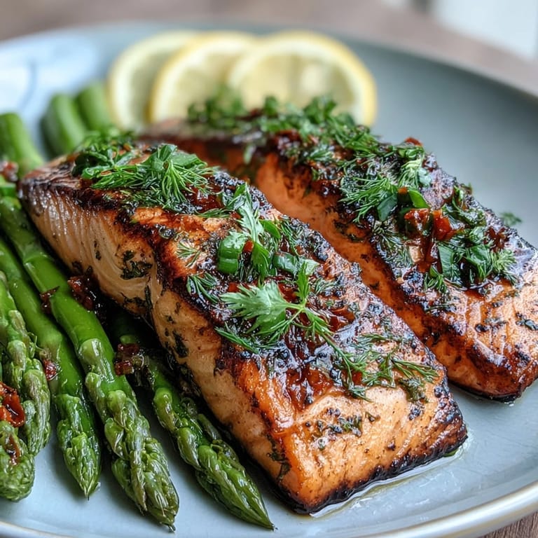 Succulent salmon fillets with tender asparagus, herbs, and garlic roasted to perfection, served with lemon wedges.