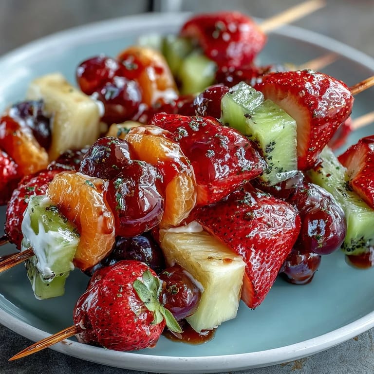 Vibrant rainbow fruit skewers featuring strawberries, oranges, and grapes with creamy honey-lime yogurt dip on the side