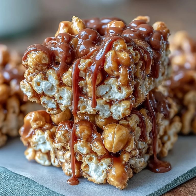 Sweet and salty popcorn clusters with roasted peanuts and gooey caramel drizzle.  