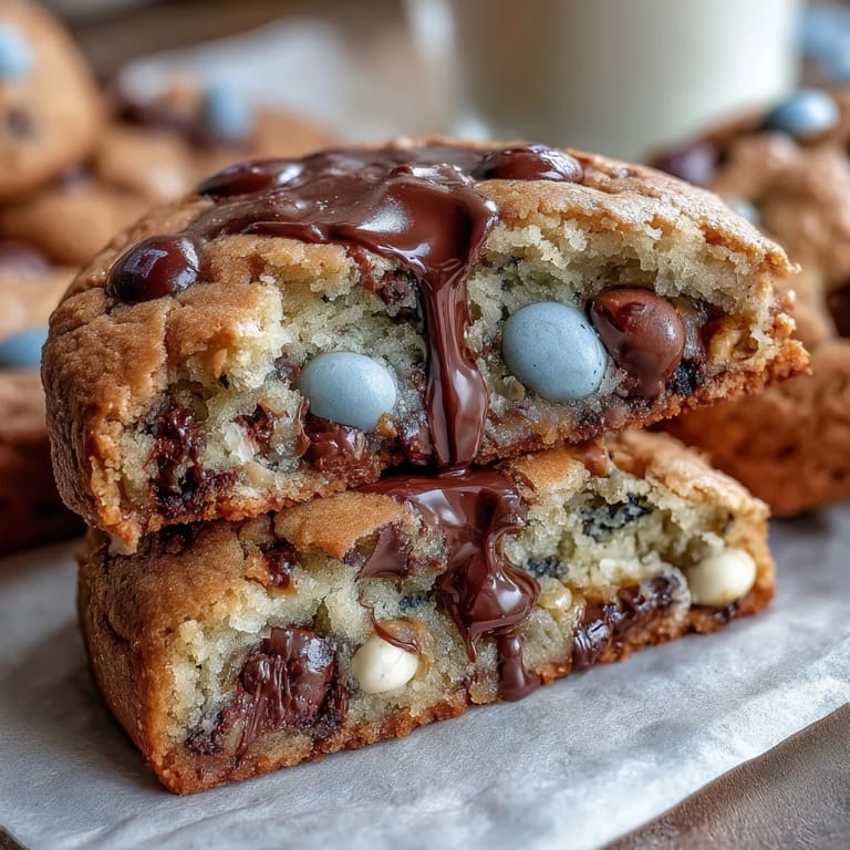 Golden cookie bars bursting with chopped Cadbury mini eggs and pastel M&Ms, perfect for Easter parties or springtime baking.