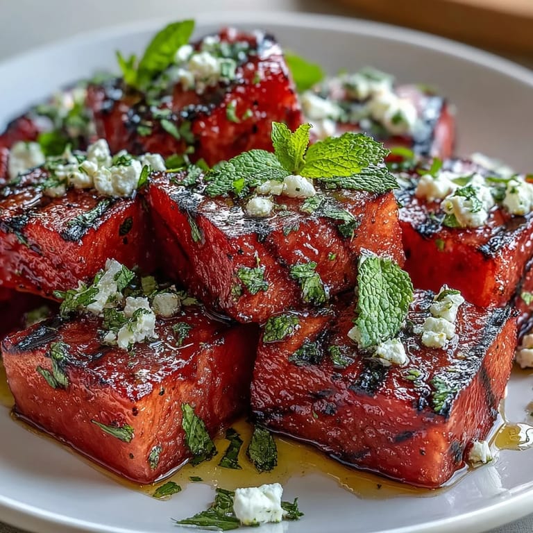 Sweet grilled watermelon paired with tangy feta and vibrant mint, a refreshing summer salad perfect for outdoor gatherings.