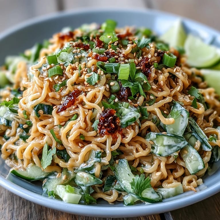 Refreshing Cold Sesame Noodle Bowl featuring chilled noodles, crisp cucumber, and sesame dressing.