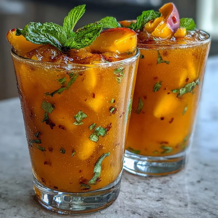 2. A tall glass of bubbly mango peach tea, garnished with ripe peach and mango wedges, perfect for hot afternoons.  