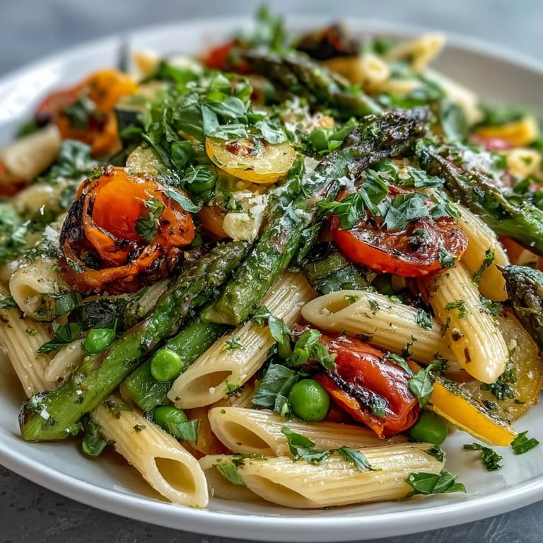 Vibrant Spring Pasta Primavera with Fresh Veggies, a vegetarian pasta dish loaded with asparagus, peas, and cherry tomatoes in a bright, herby olive oil sauce.