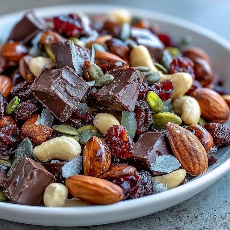 A vibrant bowl of Homemade Trail Mix with Dark Chocolate, combining roasted nuts, chewy cranberries, and rich cocoa chunks for a satisfying treat.