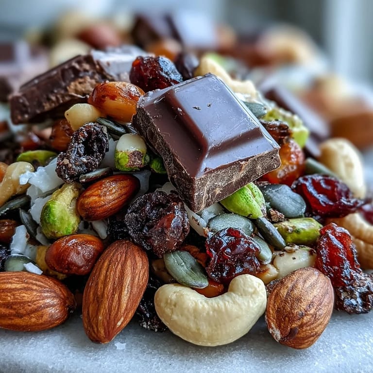 Easy Homemade Trail Mix with Dark Chocolate, packed with pistachios, pumpkin seeds, and apricots, ideal for on-the-go snacking or beach trips.