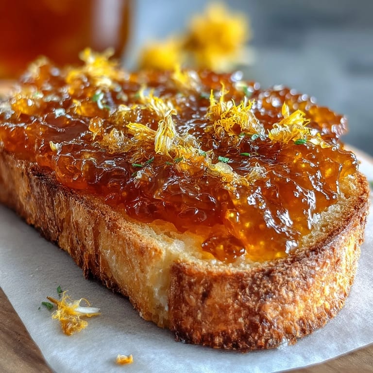 Homemade dandelion jelly in a spoon, showing its smooth texture and floral sweetness, perfect for gifting or tea-time.