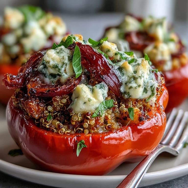 Oven-baked quinoa stuffed bell peppers bursting with Mediterranean flavors, featuring fluffy quinoa, roasted veggies, and melted goat cheese.