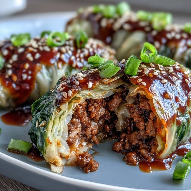 Savory Korean Cabbage Rolls stacked neatly, tender leaves embracing seasoned ground beef.