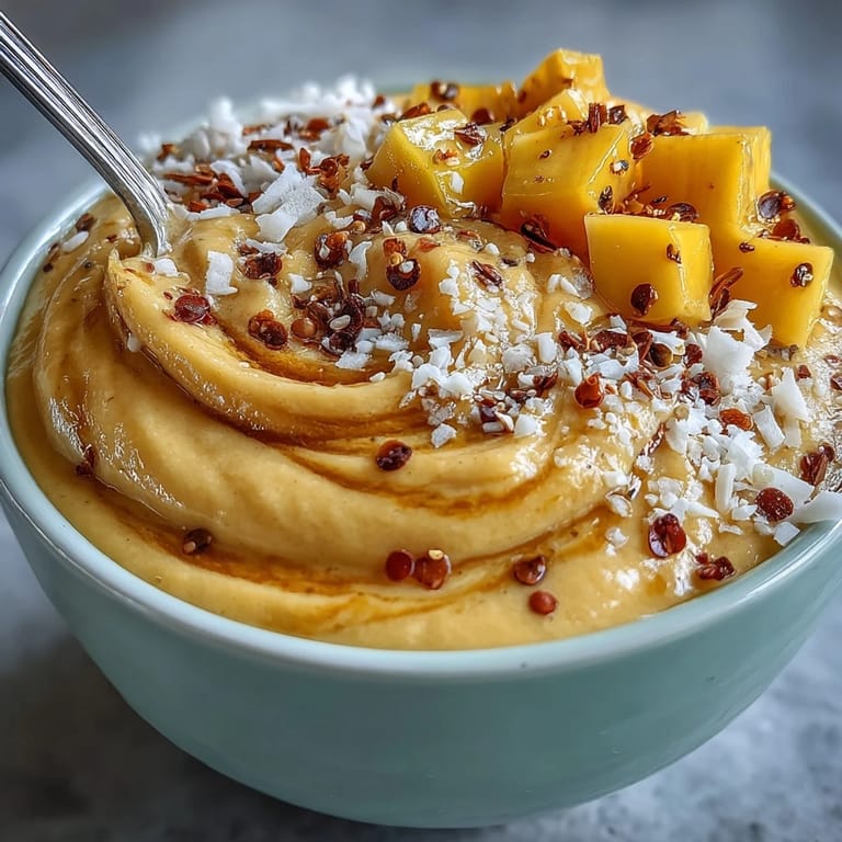 Creamy mango smoothie infused with lime and chili, garnished with diced mango, chia seeds, and mint for a tropical treat.