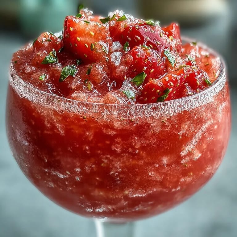 Bright red strawberry lemonade slushie with frosty texture, garnished with lemon and mint for a cool, fruity drink.
