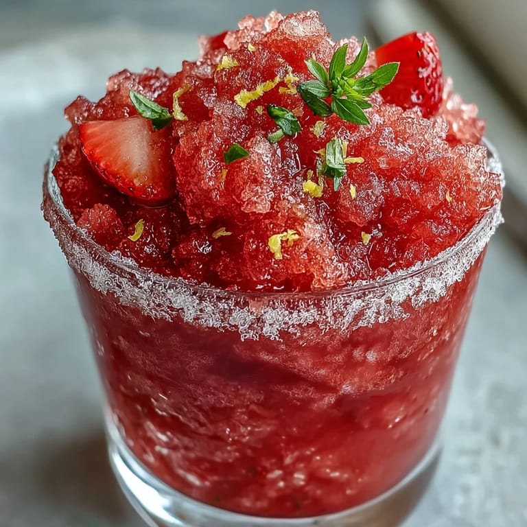 Three-ingredient frozen strawberry lemonade slushie in tall glasses, icy and refreshing with a tangy citrus aroma.  