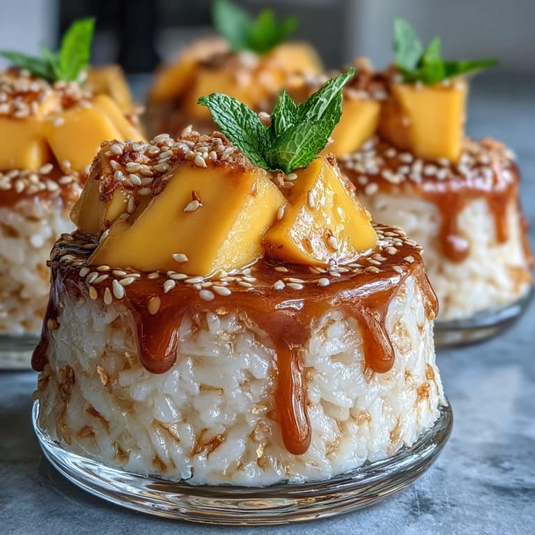 Creamy Thai-inspired mango sticky rice cups featuring ripe mango and a drizzle of rich coconut sauce.