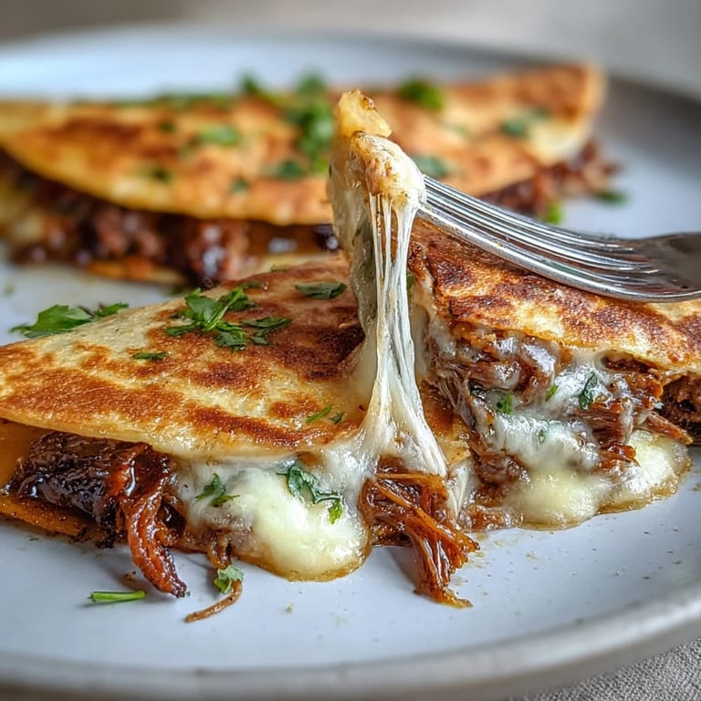 Cheesy birria quesadillas sizzling on a griddle, served alongside warm consommé dip for a festive celebration.
