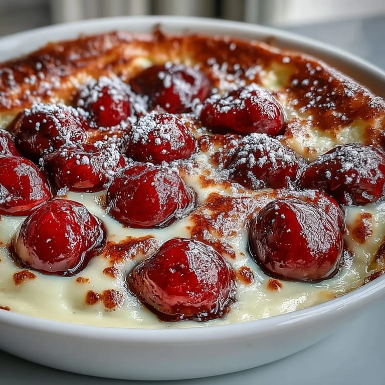 Rustic cherry clafoutis with vanilla bean, warm from the oven, dusted with powdered sugar.