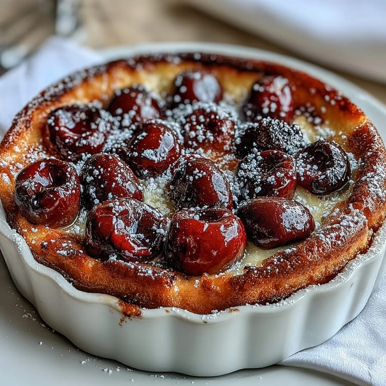 Elegant French dessert of baked cherries in vanilla custard, lightly dusted with powdered sugar.  