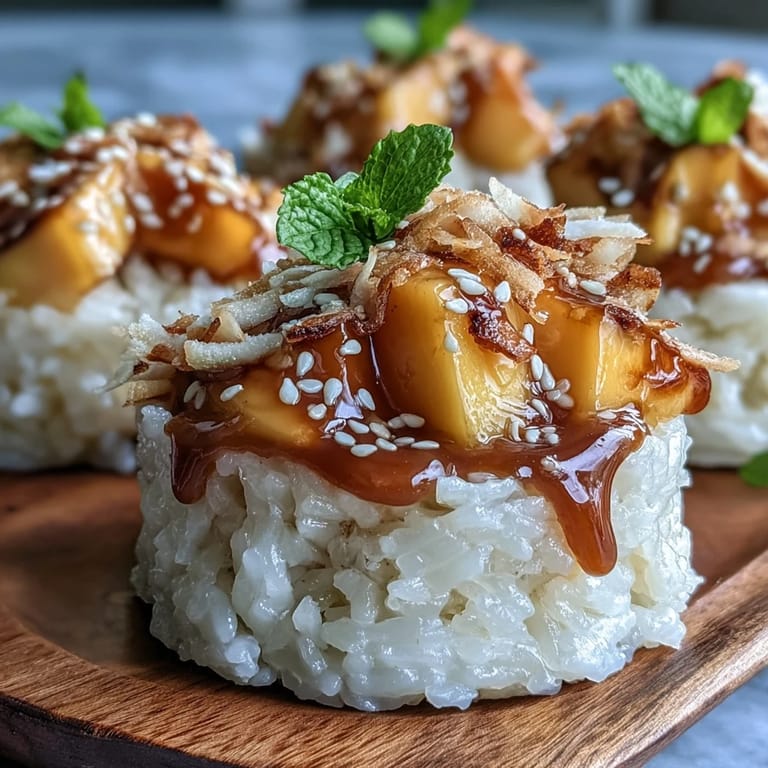 Sweet sticky rice infused with coconut milk, layered with juicy mango in modern dessert cups for a tropical treat.
