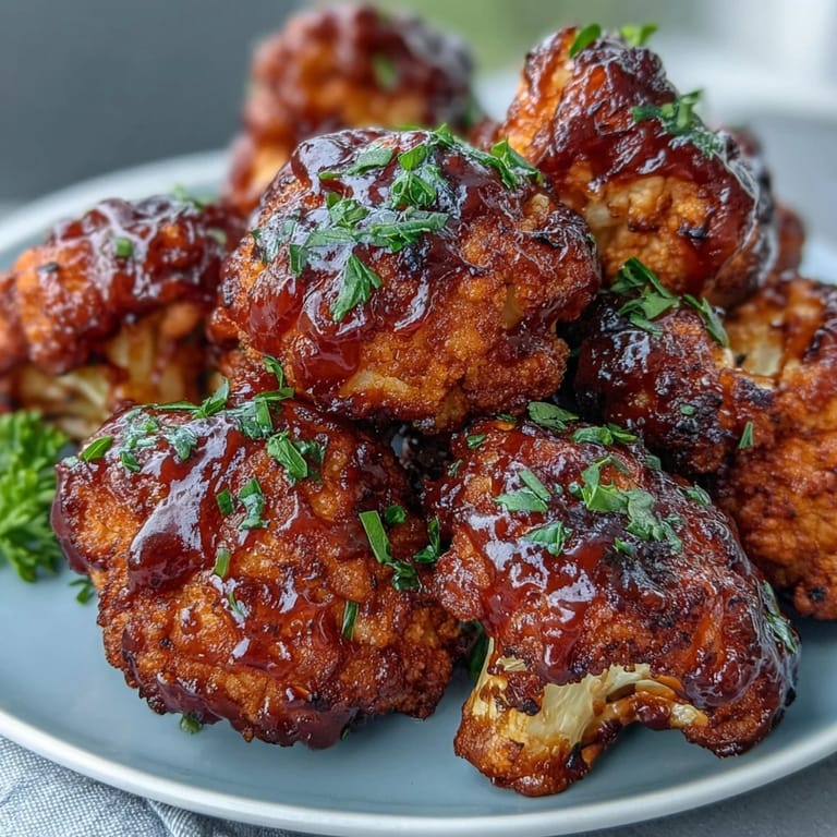 Oven-baked vegan BBQ cauliflower wings, glistening, served with cool ranch.