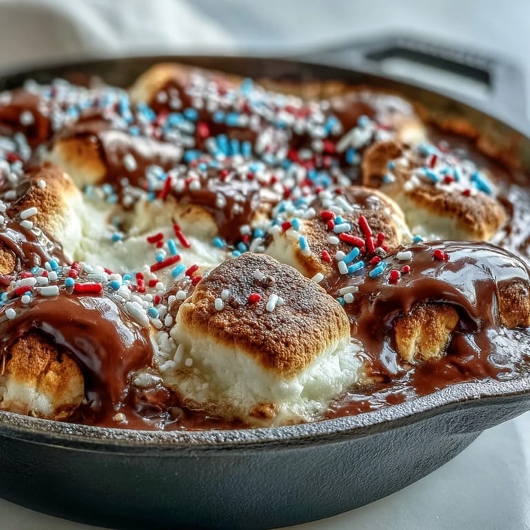 Easy cast iron 4th of July S'mores Dip ready to be scooped with graham crackers.