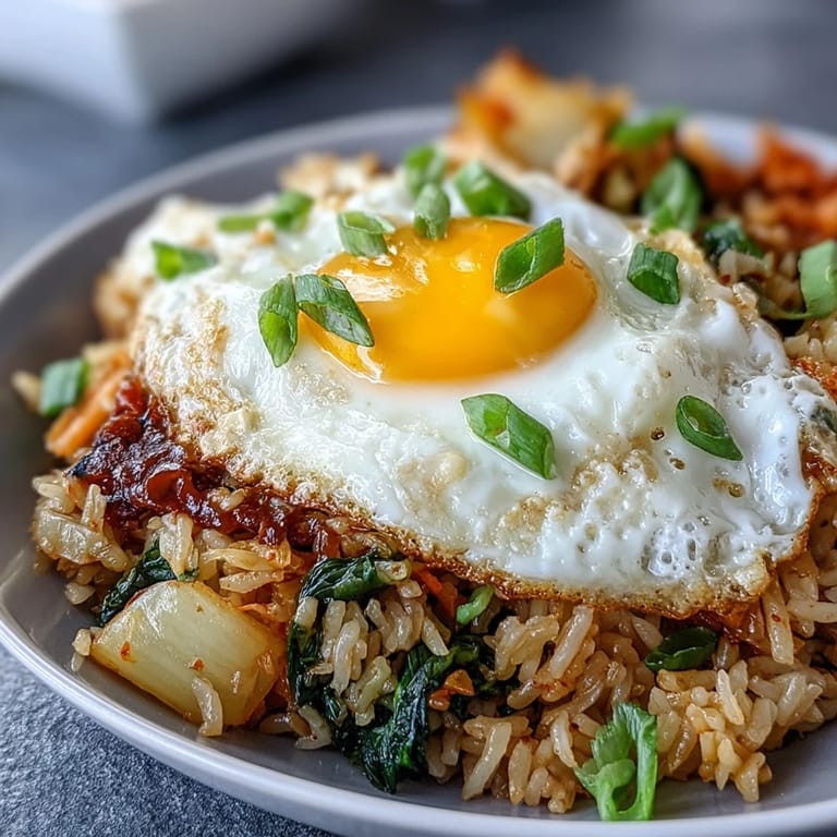 Deliciously tangy Fermented Cabbage Kimchi Fried Rice Bowl, ready to be enjoyed hot.