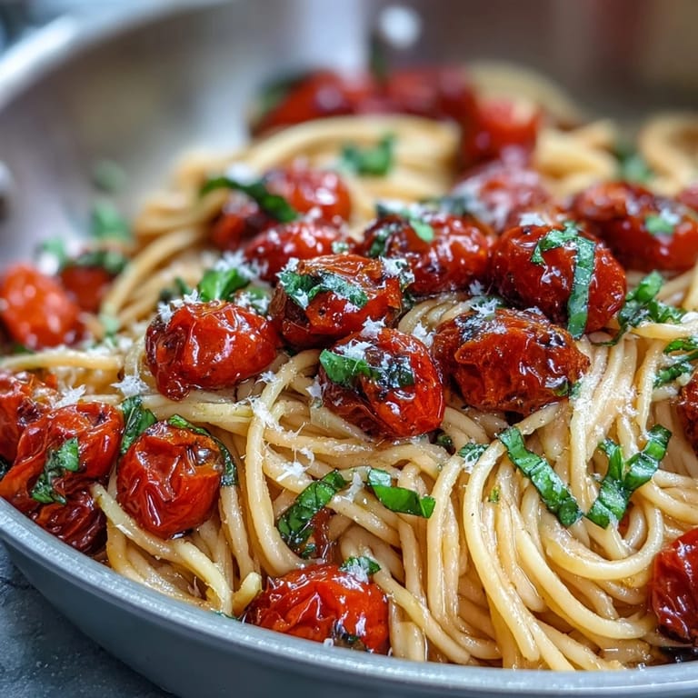 Serving suggestion: This cherry tomato confit pasta is best enjoyed fresh with basil.