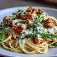 Golden-brown roasted asparagus and seared chicken tossed with linguine in a luscious, creamy Asiago cheese sauce, served steaming hot in a white bowl.