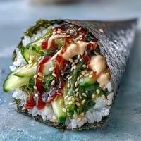 Crispy nori hand rolls filled with seasoned sushi rice, tangy seaweed salad, and crunchy cucumber, drizzled with spicy mayo for a refreshing bite.