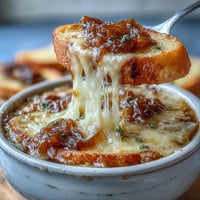 A steaming bowl of caramelized French onion soup topped with golden sourdough Gruyere crostini and melted cheese.  