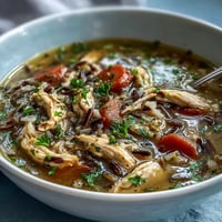 A steaming bowl of chicken and wild rice soup with tender chicken, sliced carrots, and celery in a savory broth.