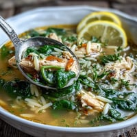 Hearty lemon chicken orzo soup with tender chicken, fresh spinach, and a bright citrus finish.  