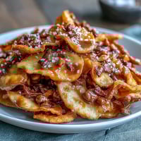 Candy Apple Nachos with gooey caramel drizzle and melty chocolate chips, arranged on a platter for a fun party dessert.