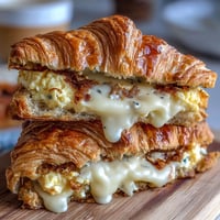 Buttery croissant breakfast sandwiches filled with fluffy scrambled eggs and melted cheese, perfect for a quick and satisfying morning meal.