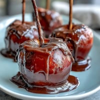 Glossy red candy apples with a crisp tart bite, drizzled with creamy white chocolate for a nostalgic fall treat.