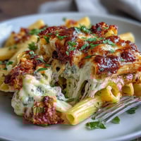 One-pot cheesy pasta bake with bubbling mozzarella and golden cheddar topping, baked to perfection in a cozy Dutch oven.