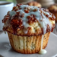 Bright, golden lemon poppy seed muffins topped with a glossy citrus glaze, perfect for a sunny spring brunch spread.