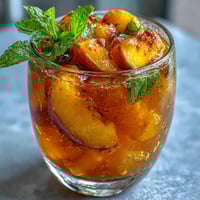 1. Vibrant mango peach sparkling tea with fresh fruit slices and mint, served over ice for a refreshing summer sip.  