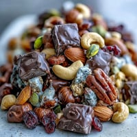 Homemade Trail Mix with Dark Chocolate featuring crunchy almonds, cashews, and sweet dried fruits, perfect for an energizing snack.