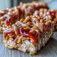 Chilled High-Protein PB&J Rice Krispie Bars cut into neat squares, showing a peanut butter drizzle and vibrant jelly swirls on top.