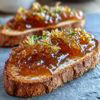 Golden dandelion jelly with a delicate honey-like flavor, spread on fresh white bread with a pat of butter.