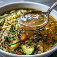 Spring Detox Cabbage Soup in a white bowl with fresh herbs and lemon wedge on the side.