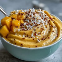 Vibrant mango chili lime smoothie bowl topped with fresh kiwi, granola, and coconut, perfect for a refreshing breakfast.